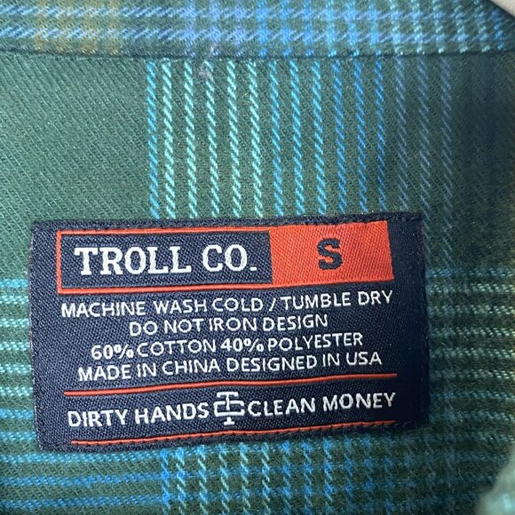 Troll Co Flannel Shirt Mens Size Small Pearl Snap Plaid Shacket Plaid Green Work - Picture 2 of 5